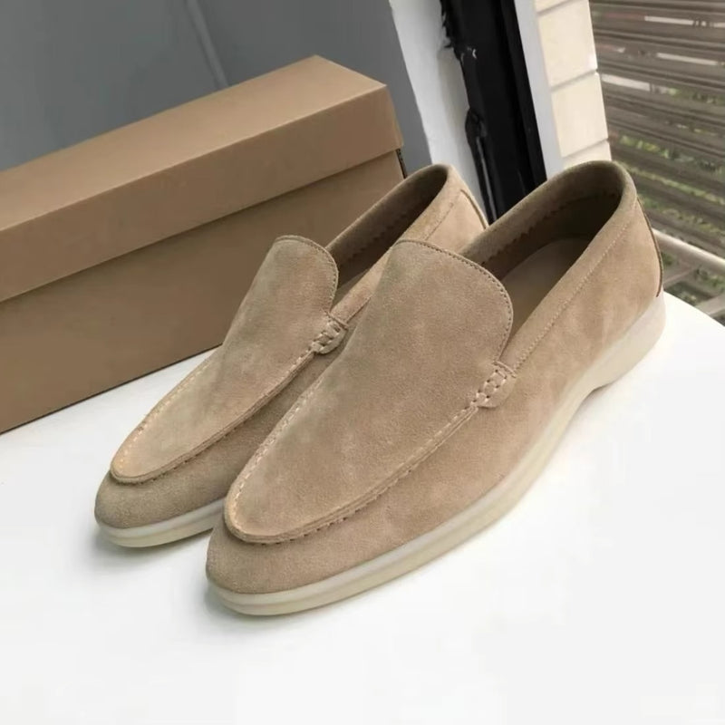 Men's Genuine Leather White Loafers Slip On Sneakers with Soft Comfort Sole