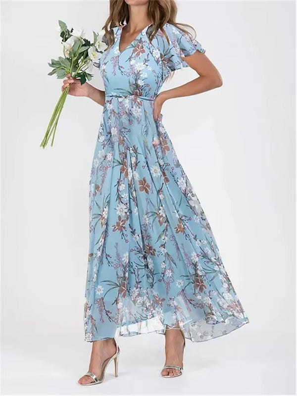 Elegant V Neck Ruffle Sleeve Floral High Waist Dress for Women