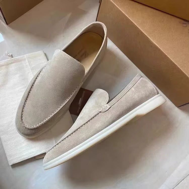 Men's Genuine Leather White Loafers Slip On Sneakers with Soft Comfort Sole