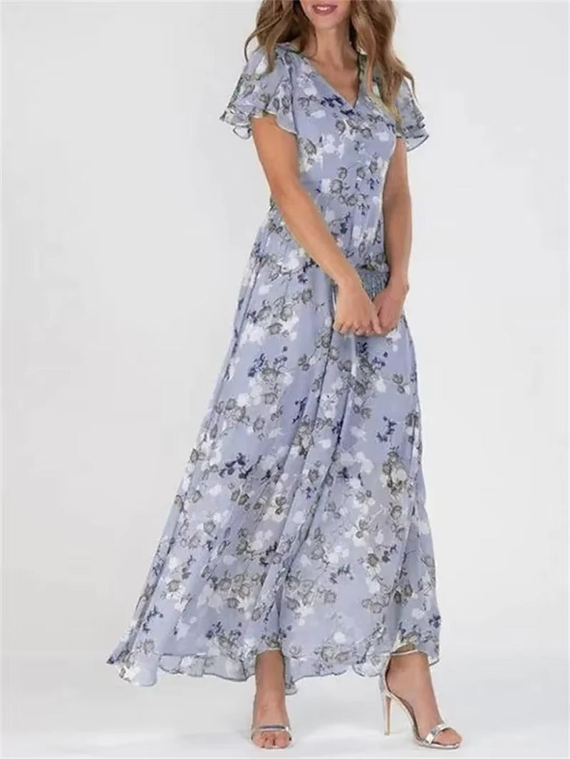 Elegant V Neck Ruffle Sleeve Floral High Waist Dress for Women