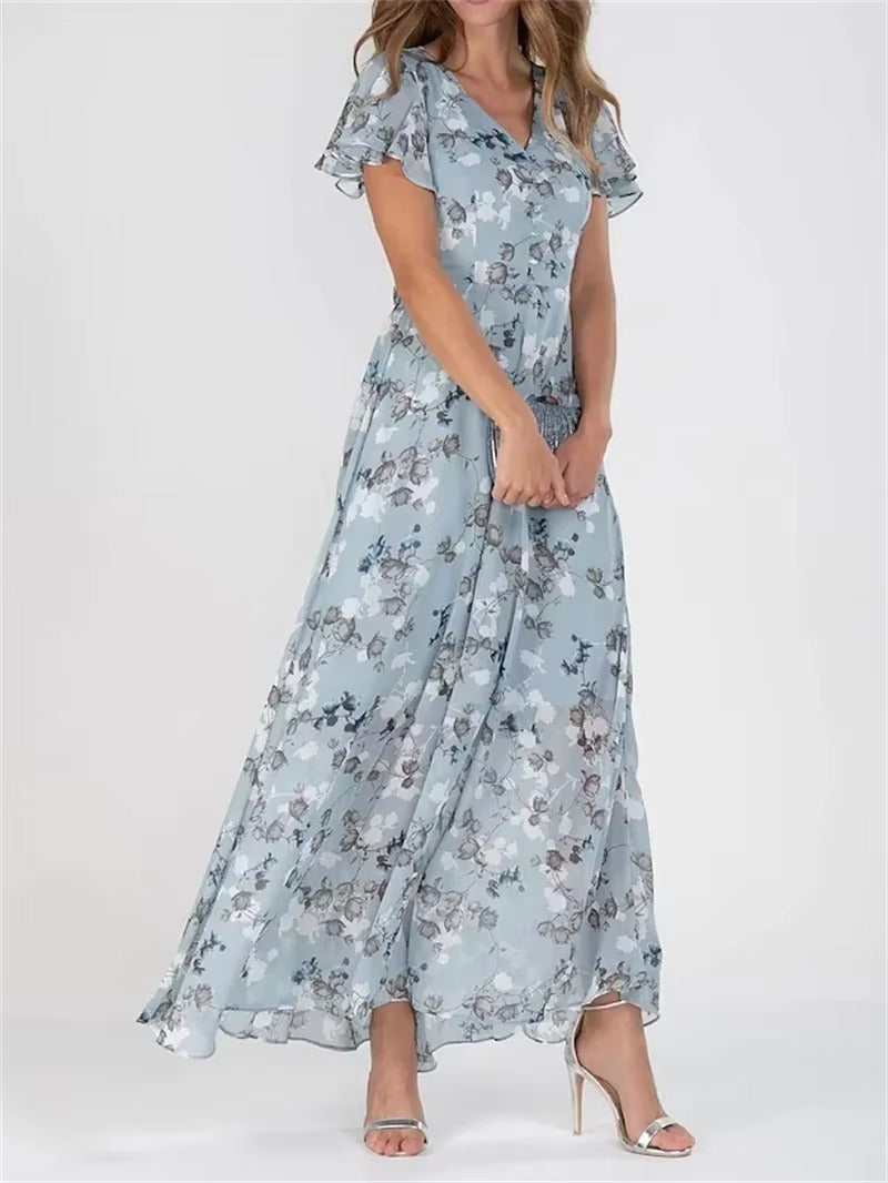 Elegant V Neck Ruffle Sleeve Floral High Waist Dress for Women