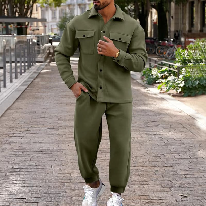 Men's Autumn Winter Suede Cargo Jacket and Pants 2-piece Set with Multi-pocket Design
