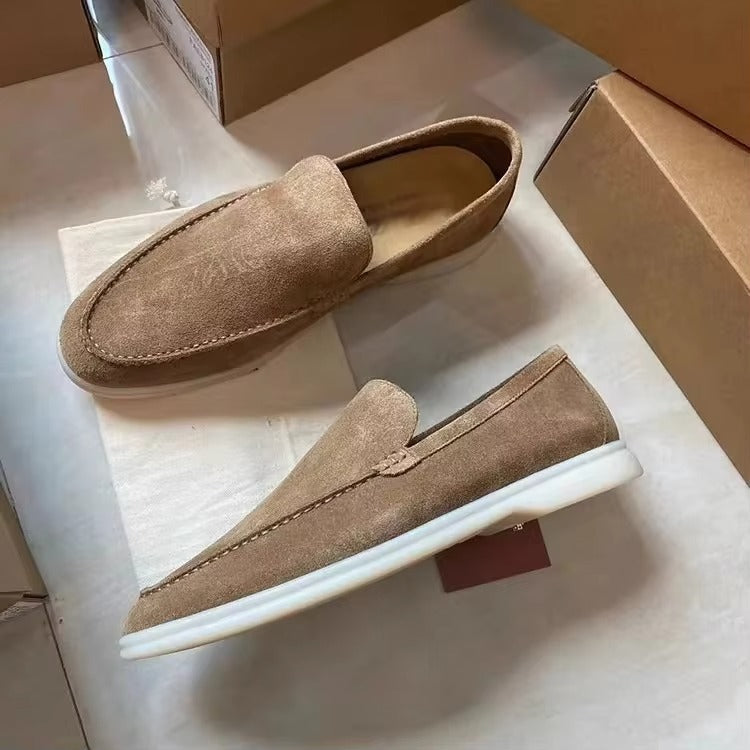 Men's Genuine Leather White Loafers Slip On Sneakers with Soft Comfort Sole