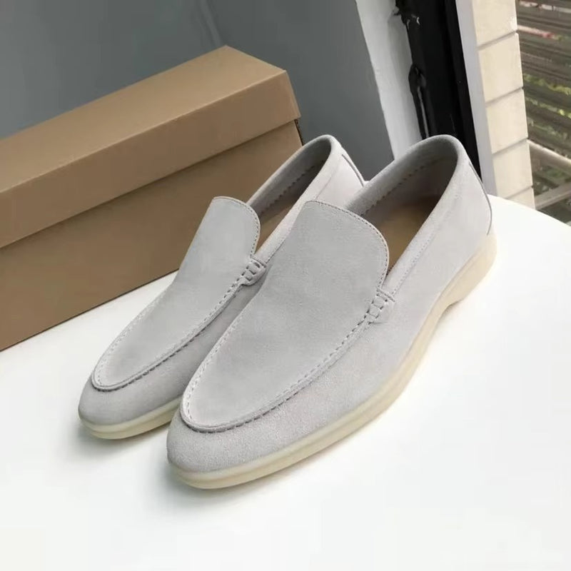 Men's Genuine Leather White Loafers Slip On Sneakers with Soft Comfort Sole