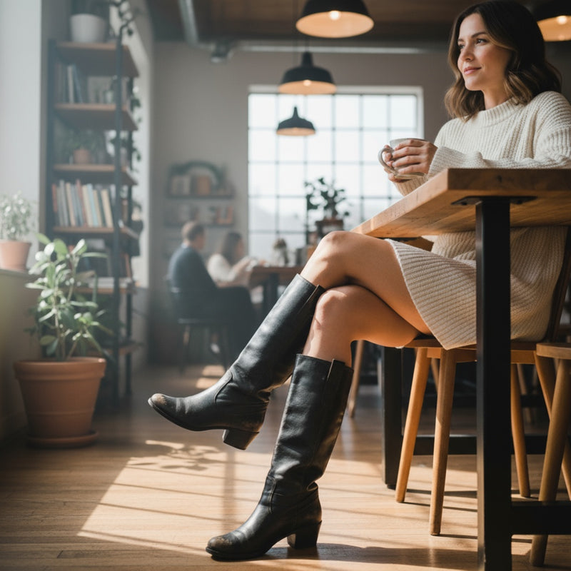 Vintage Women’s Knee High Riding Boots with Wedge Heel in Brown Gray Black